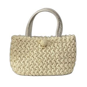 Vintage Mantessa Hand Made Japan Woven Straw Purse Ivory Top Handle Bag